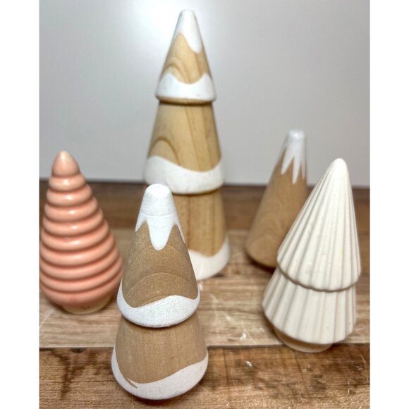 Set Of 5 Wooden & Ceramic Decorative Trees Minimalist Winter Holiday Decor - Picture 2 of 3